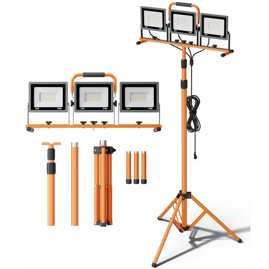 

21000Lumen LED Work Lights with Stand 3 Head Adjustable Work Light with 16FT Cord IP66 Waterproof Tripod Worklights with Individ