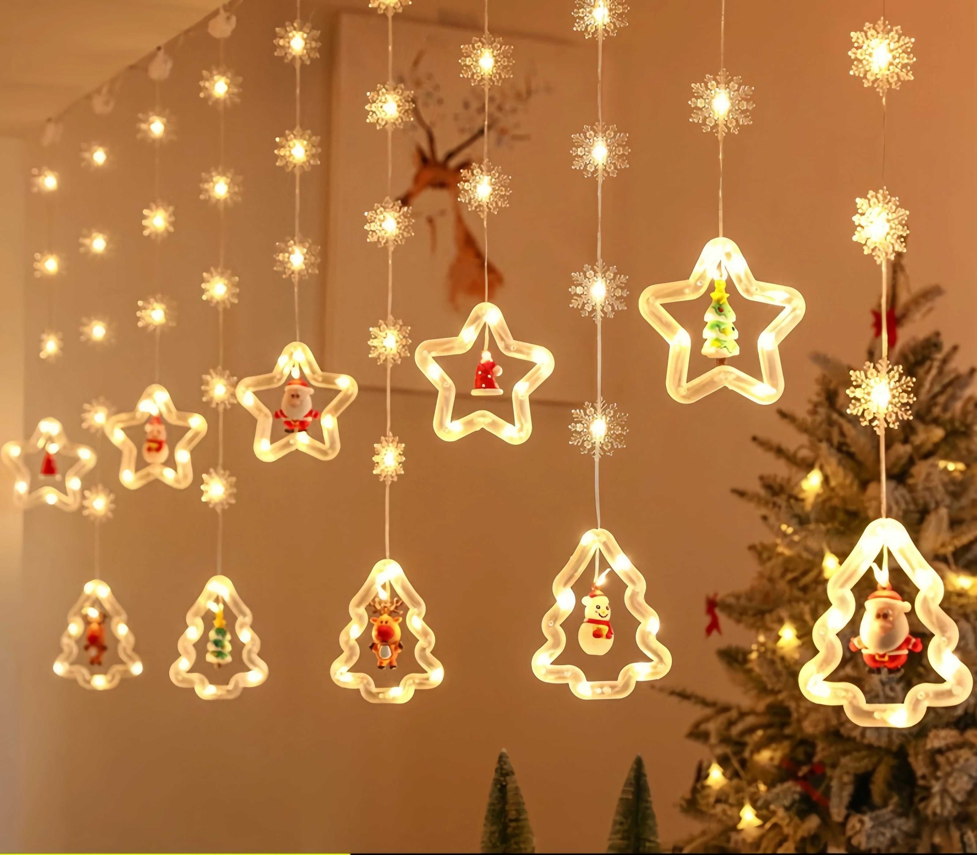 Popular Santa Claus LED Curtain Lights, 10 Miniature Snowflake Christmas String Lights with 8 Lighting Modes