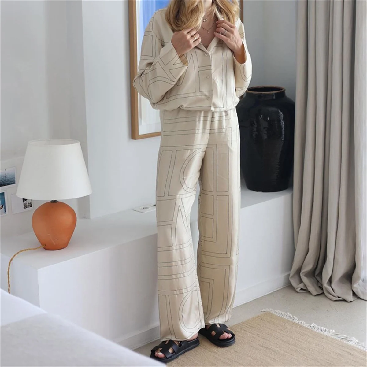 Fashion Letter Printing Pants Suit Loose Turn Down Collar Shirts Wide Leg Pant Sets 2024 Casual Autumn Summer 2 Piece Set New In