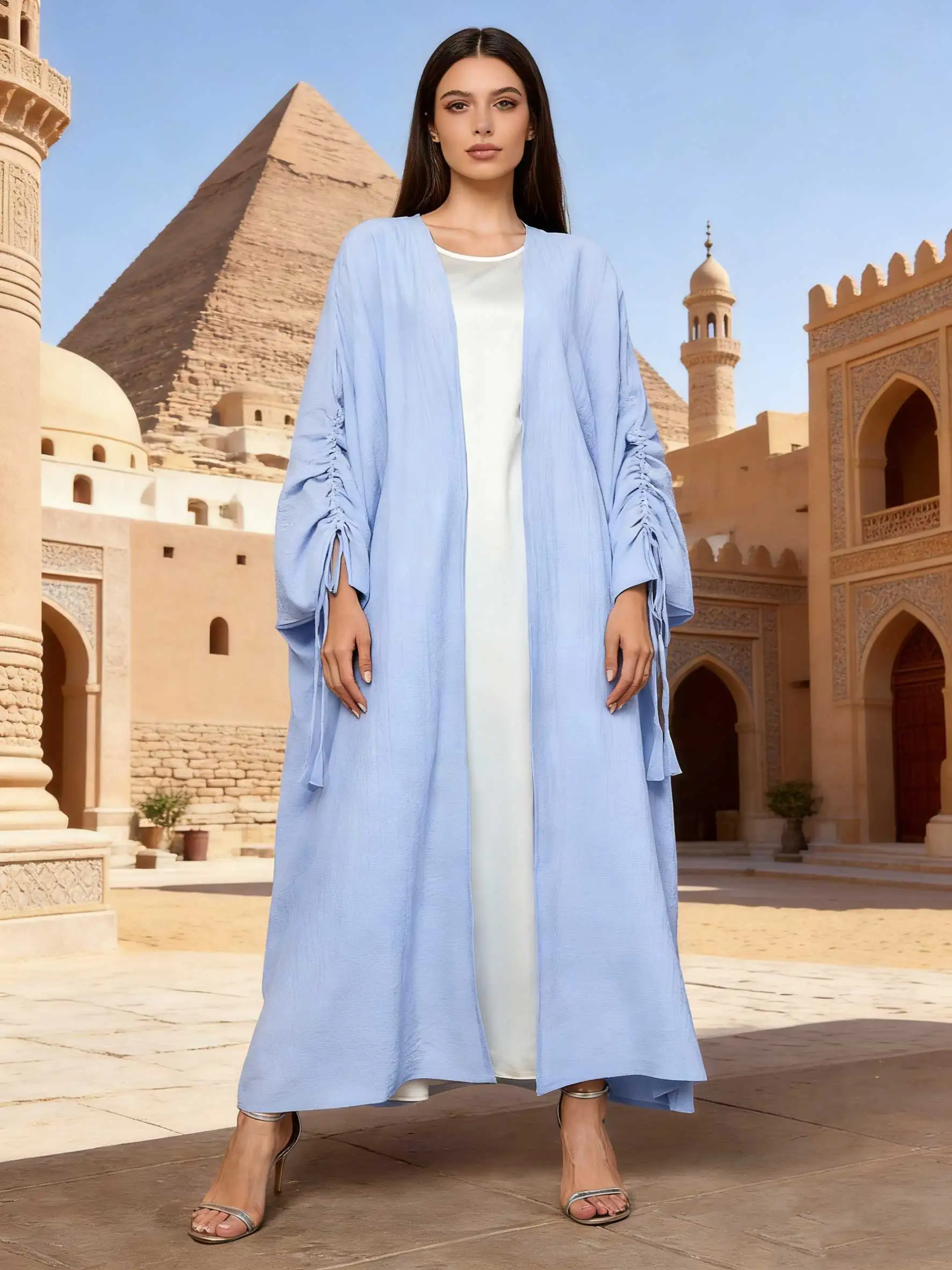 Stylish Light Blue Open-Front Abaya Ruched Drawstring Sleeves Women Muslim Moroccan Kaftan Ramadan Jalabiya Islam Dubai Arabic