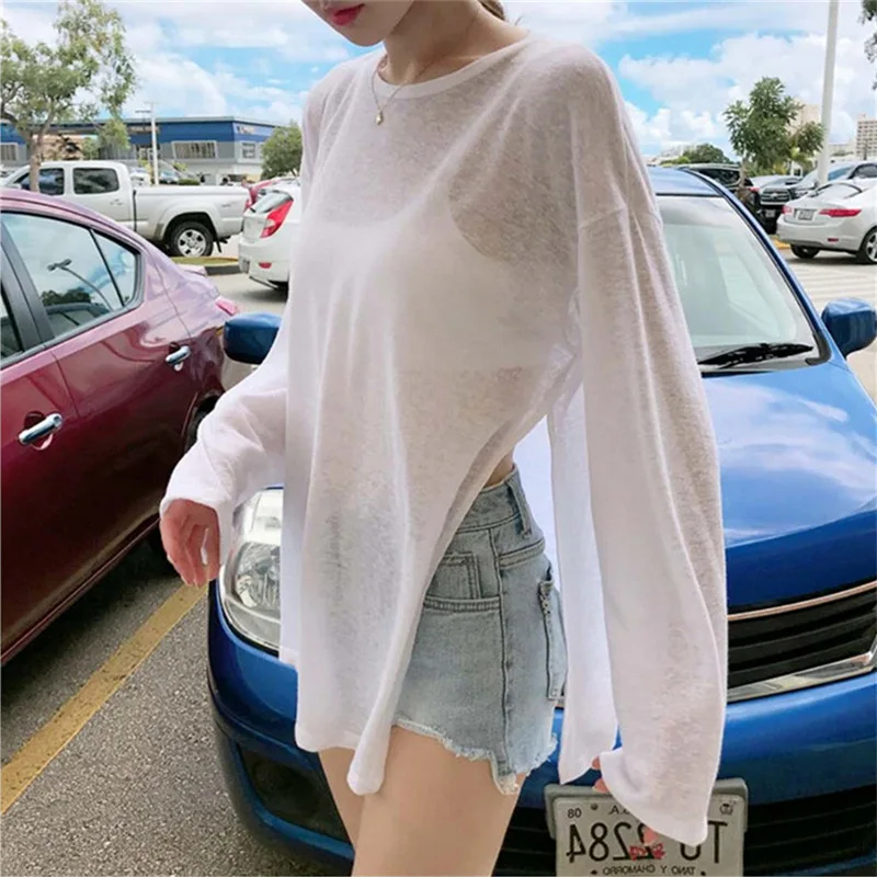Summer New Resistant Long Sleeved Top Silk Women T-shirt Air Conditioning Sun Protection Cover Blouse T Shirt Shirts Tops Split