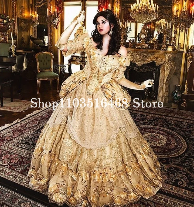 Fairytale Vintage Victorian Evening Dress One Shoulder Corset Lace Applique Pleated Medieval Court Queen Women's Party Venice