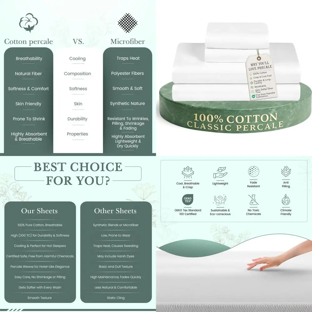 

Luxury 100% Cotton Percale Sheets - 300 Thread Count, 16 Pocket, Cooling & Breathable, Premium Hotel-Quality Bedding Set (Queen,