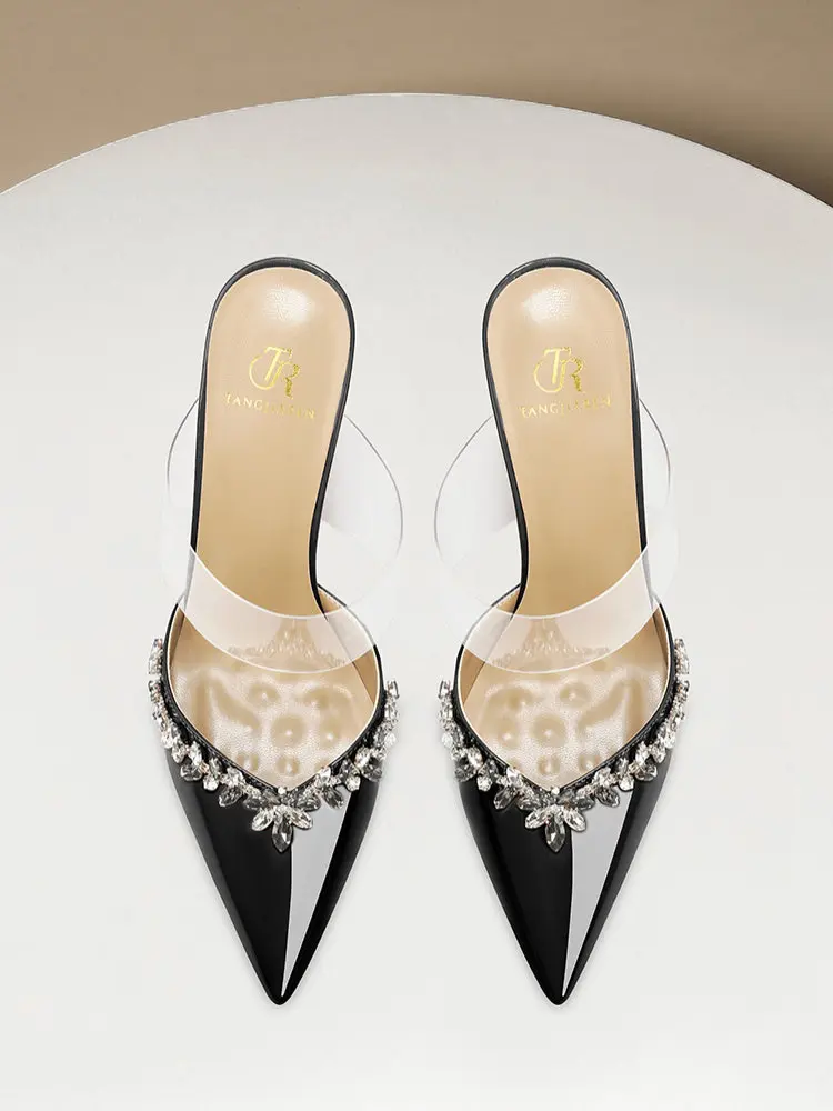 

Summer New Water Diamond V Pointed High Heels for Women, Thin Heels, Sexy Transparent Headband Outer Shoes