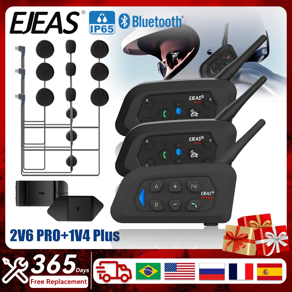 3 Rider Group Talking 2PCS EJEAS V6 PRO+V4 Plus Motorcycle Helmet Intercom Bluetooth Headset Full Duplex Communicator Waterproof