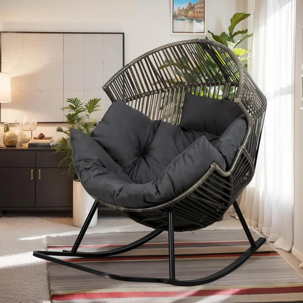

Wicker Egg Chair PE Rattan Rocking Chair with Cushion, Oversized Patio Lounge Rocker Chair for Outdoor, Indoor, Balcony,