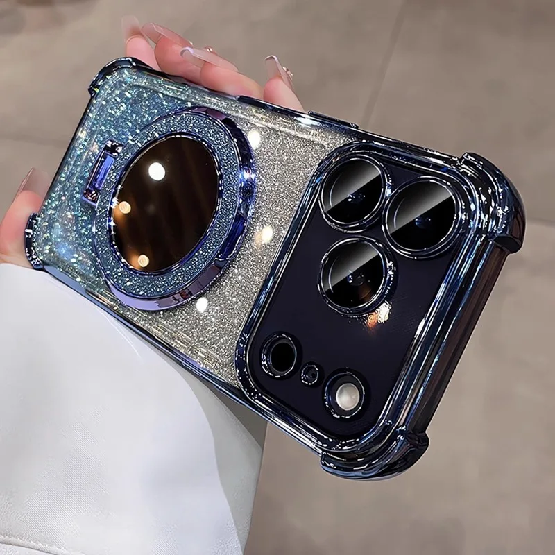 Luxury Glitter Bracket Stand Case for iPhone 17 16 15 14 Pro Max Plus 12 13 Air Mirror Ring Holder Make Up Bling Gradient Cover