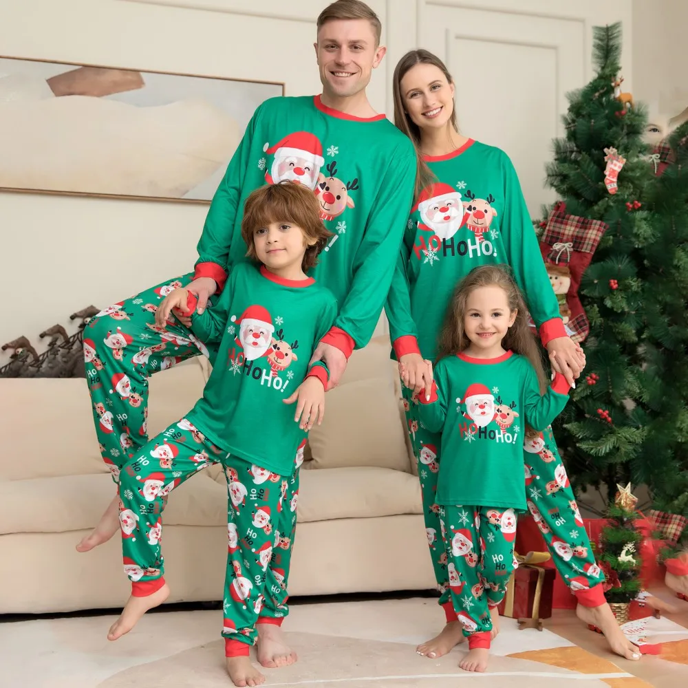 Xmas Family Matching Pajamas Set Couple Outfit For A Family of Four Christmas Deer Santa Print Comfortable Casual Pajamas Suit