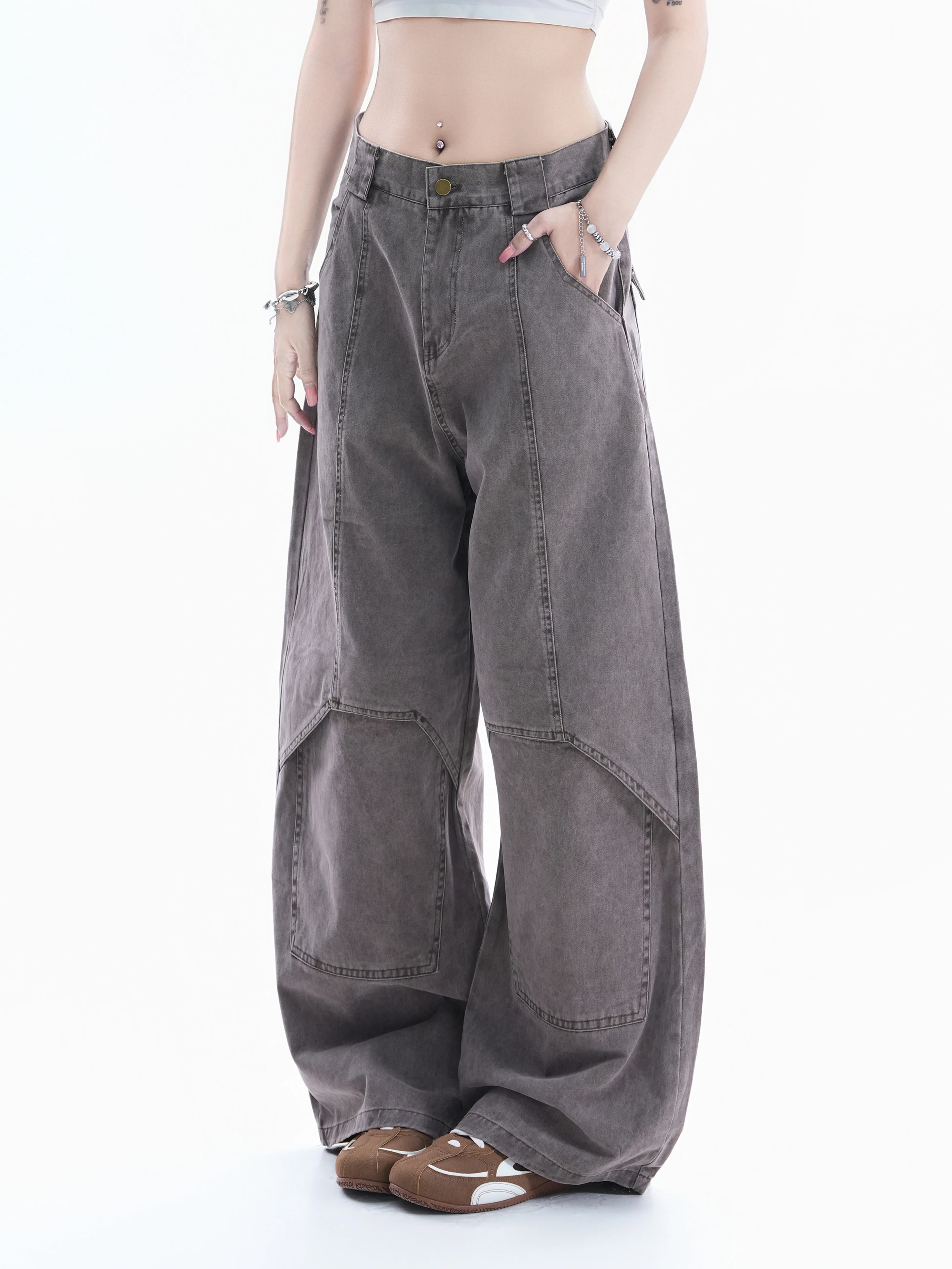 Retro American Washed Knife  Wide Leg Denim Jeans Women Loose Fit High Street Sweet Cool Workwear Pants Deep Color