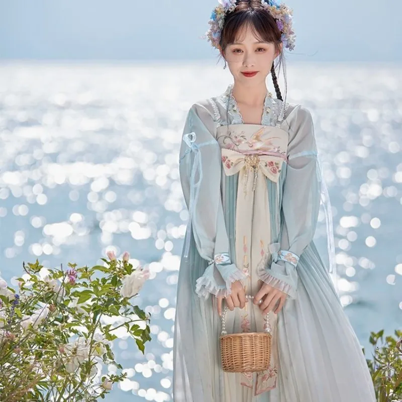 

2024 Summer Sweet Pink Blue Floral Embroidered Long Sleeved Hanfu Dress Female Chinese Style Fairy Dance Costumes Plus Size XL