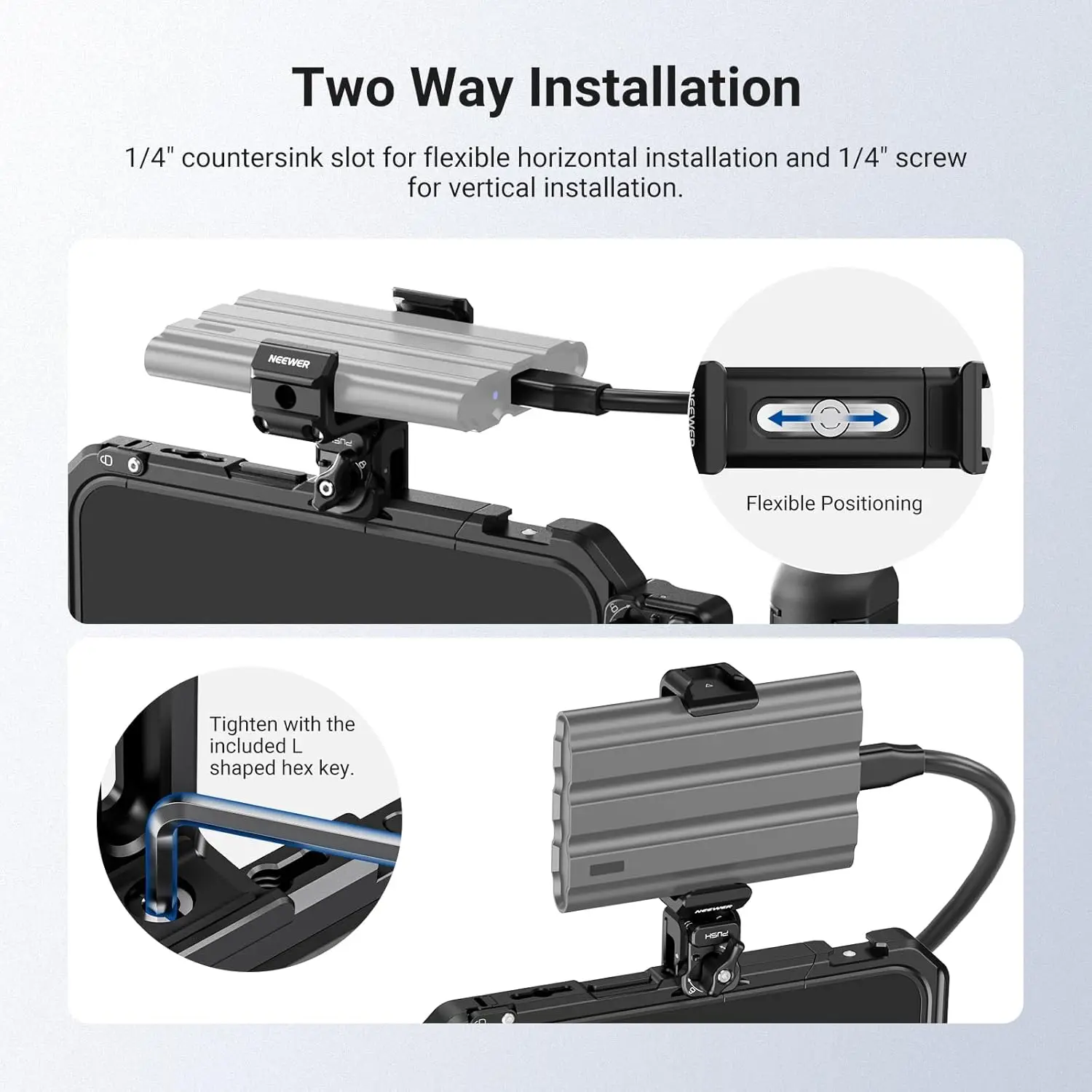 NEEWER Schnellverschluss-SSD-Halterung für Handy-Cages, 2,2"-3" verstellbare SSD-Montageklemme für iPhone 16 17 Pro Max Samsung – Detail 7