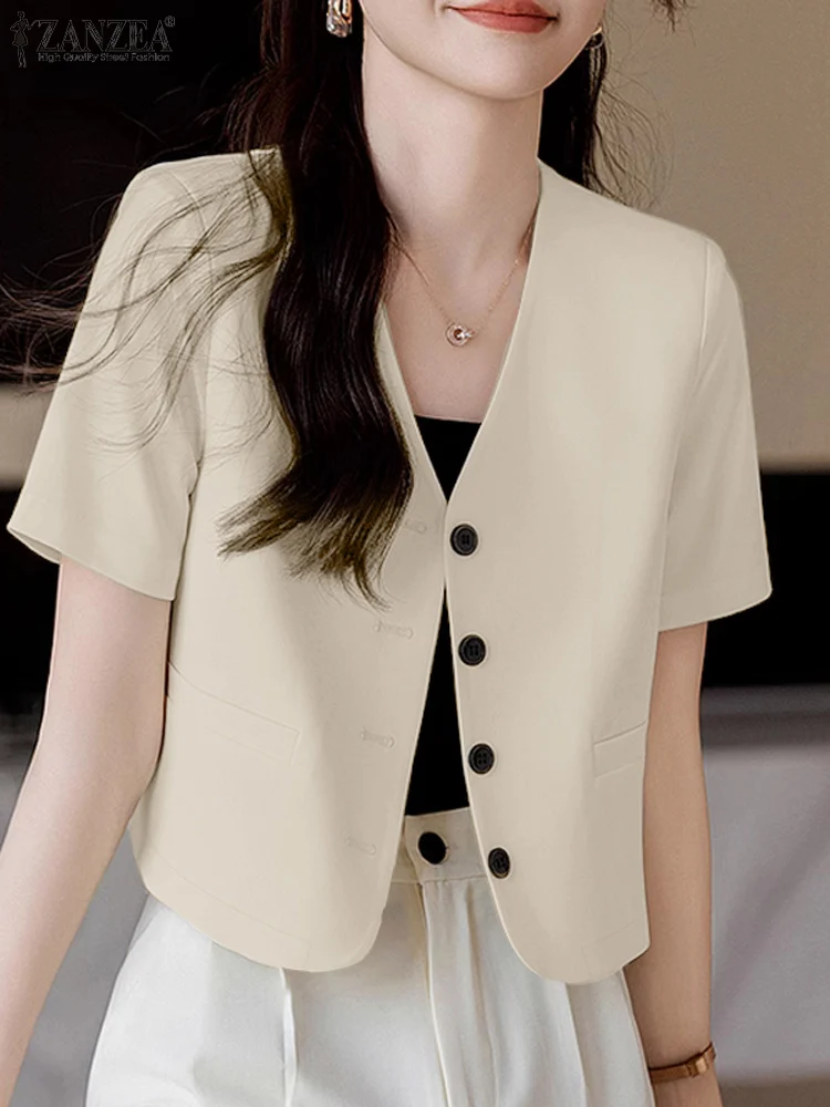 ZANZEA Casual Women Blazer Tops Old Money Style Office Wear Short Sleeve Korean Fashion Shirts Button Up V Neck Elegant Blouse