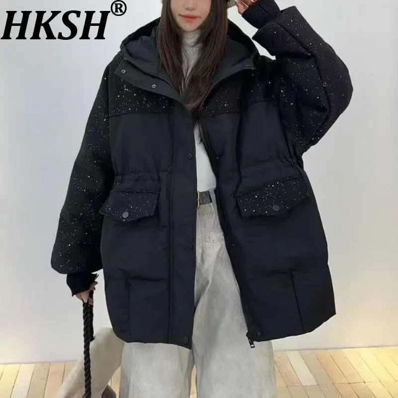 

HKSH 2025 зимняя новая женская парка с капюшоном и карманами на молнии, уличные ветрозащитные элегантные стильные теплые куртки-пуховики HK15130