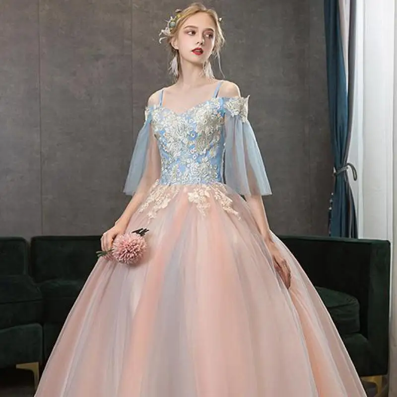 ใหม่คลาสสิกงานแต่งงานชุดเย็บปักถักร้อยดอกไม้ Ball Gown สีฟ้าและสีชมพูยาวจัดเลี้ยง Vestido ที่กําหนดเอง