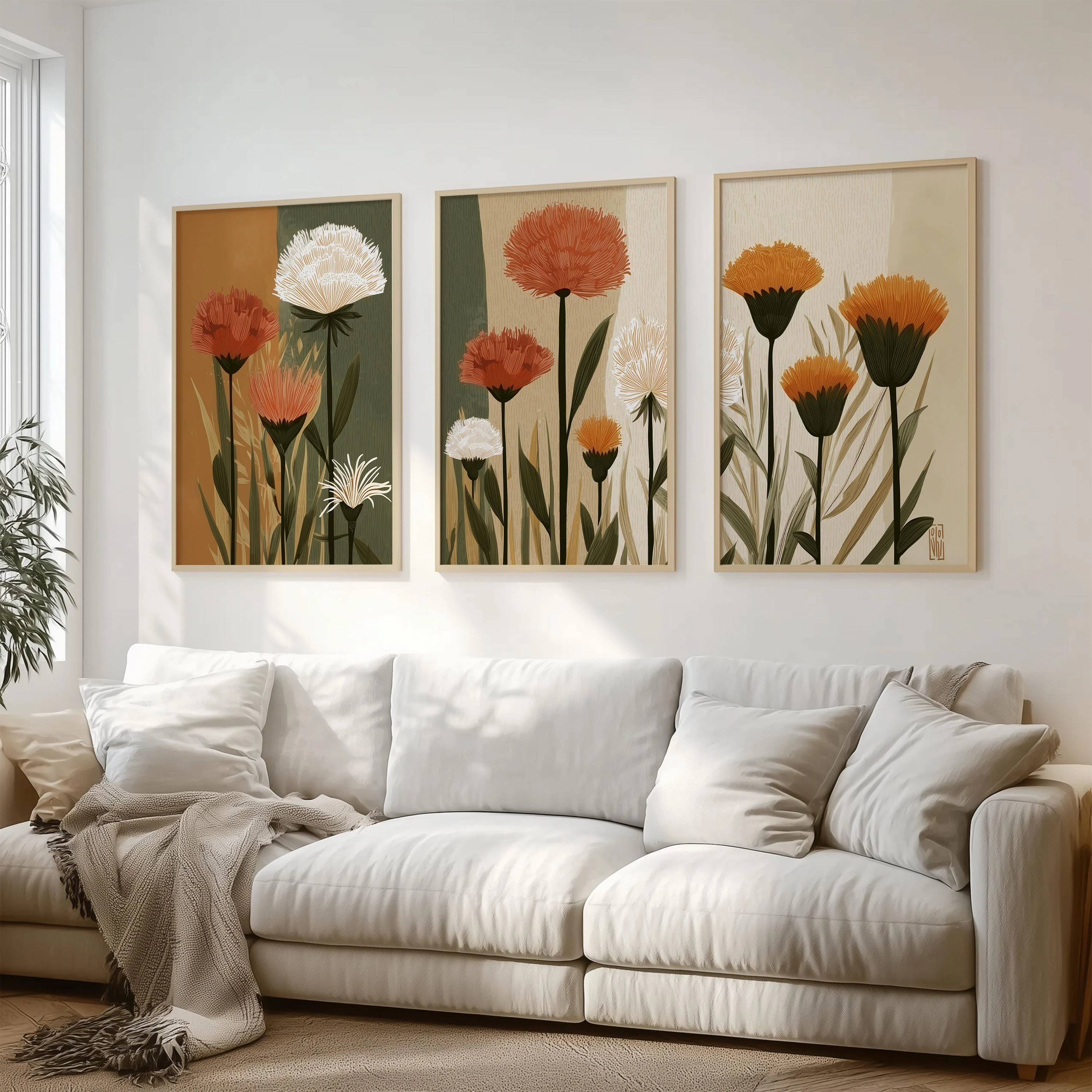 3PCS frameless decorative art print,Boho Textured Wildflower Wall Art,Burnt Orange White Dandelion Botanical Canvas Prints,Neutr