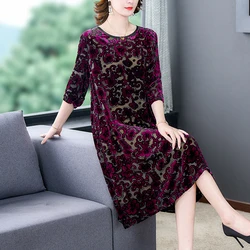 2023 New Purple Red Golden Velvet Flower Flocking O-Neck Long Sleeve Dress for Women's Loose Large Velvet Knee Length Dress