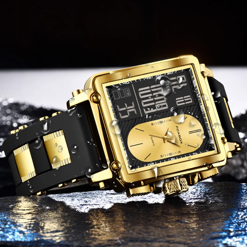 LIGE Fashion Gold Watch Men FOXBOX Top Brand Luxury orologi da polso al quarzo da uomo Casual orologio militare digitale impermeabile per uomo