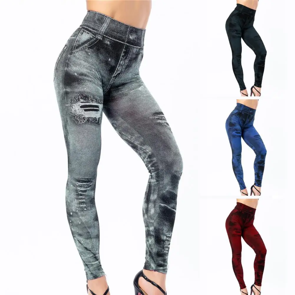 women Yoga Pants Multi Pockets Skinny Imitation Jeans Leggings Hip Lifting Ripped Holes Print Mid Waist Elastic Pants for Sports