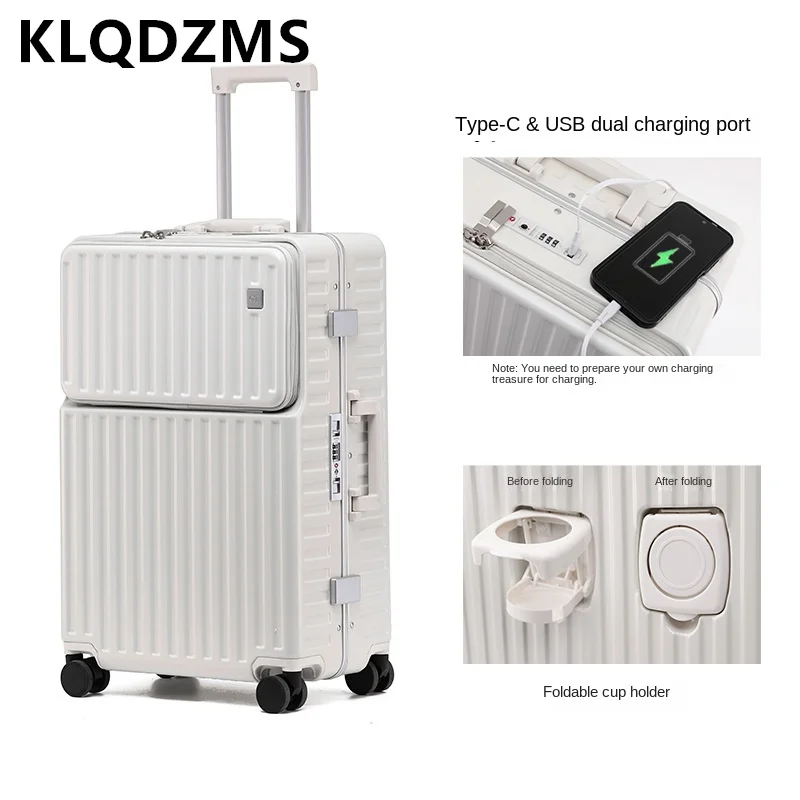 KLQDZMS 20 24 26 inch Front Cover Opening Bag USB Luggage Scratch Resistant Trolley Cup Holder Universal Wheel Travel Suitcase