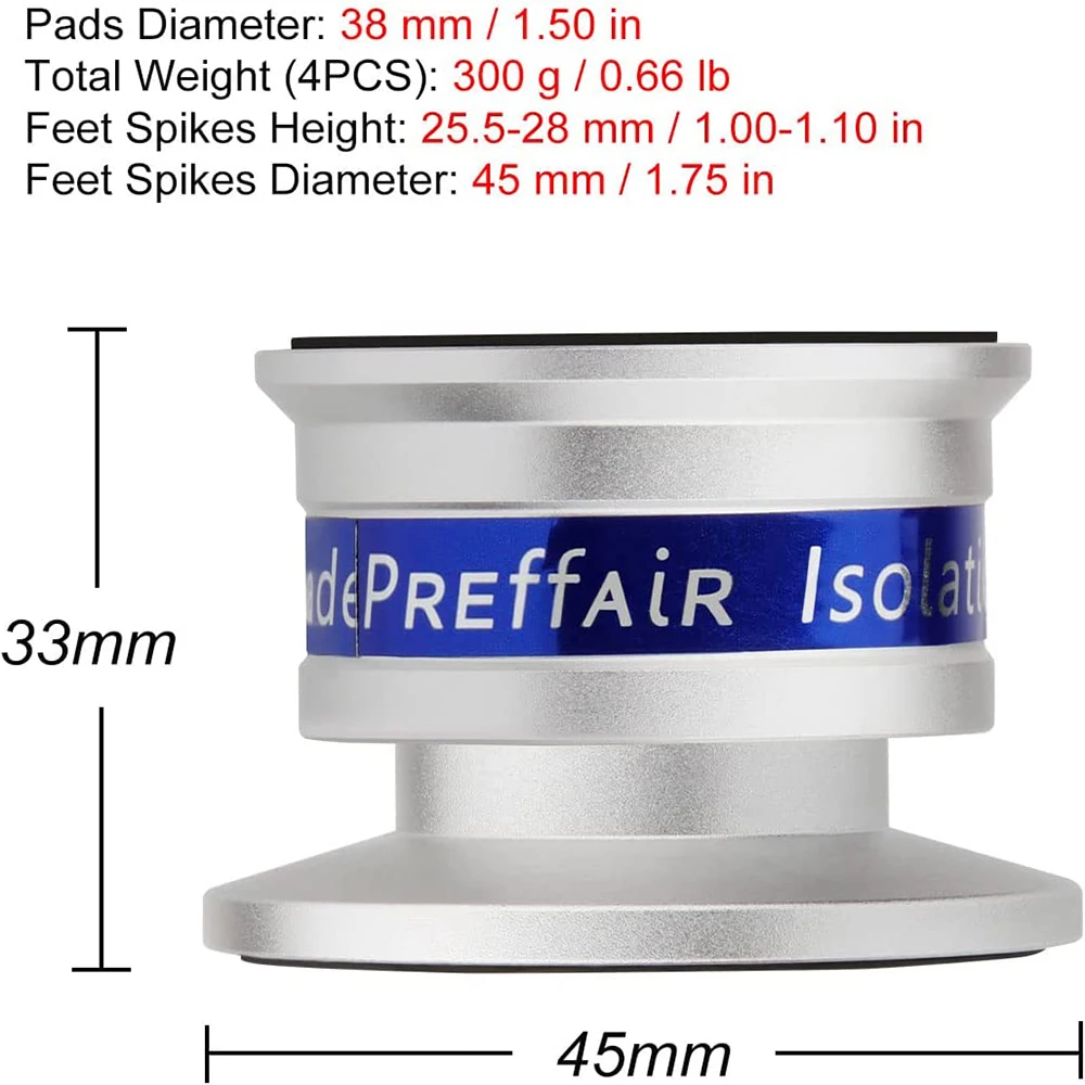 Preffair SP4533อลูมิเนียมสีดำ & สีเงินกันกระแทก spikes + แผ่นแยกยืน HiFi ลำโพงอะลูมินัมอัลลอย