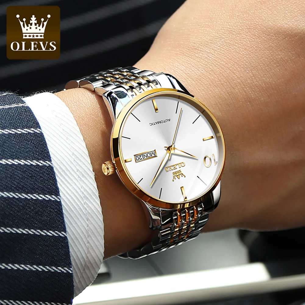 OLEVS 6632 Fashion Mechanical Watch Gift Stainless Steel Watchband Round-dial Wristwatch Week Display Calendar Luminous