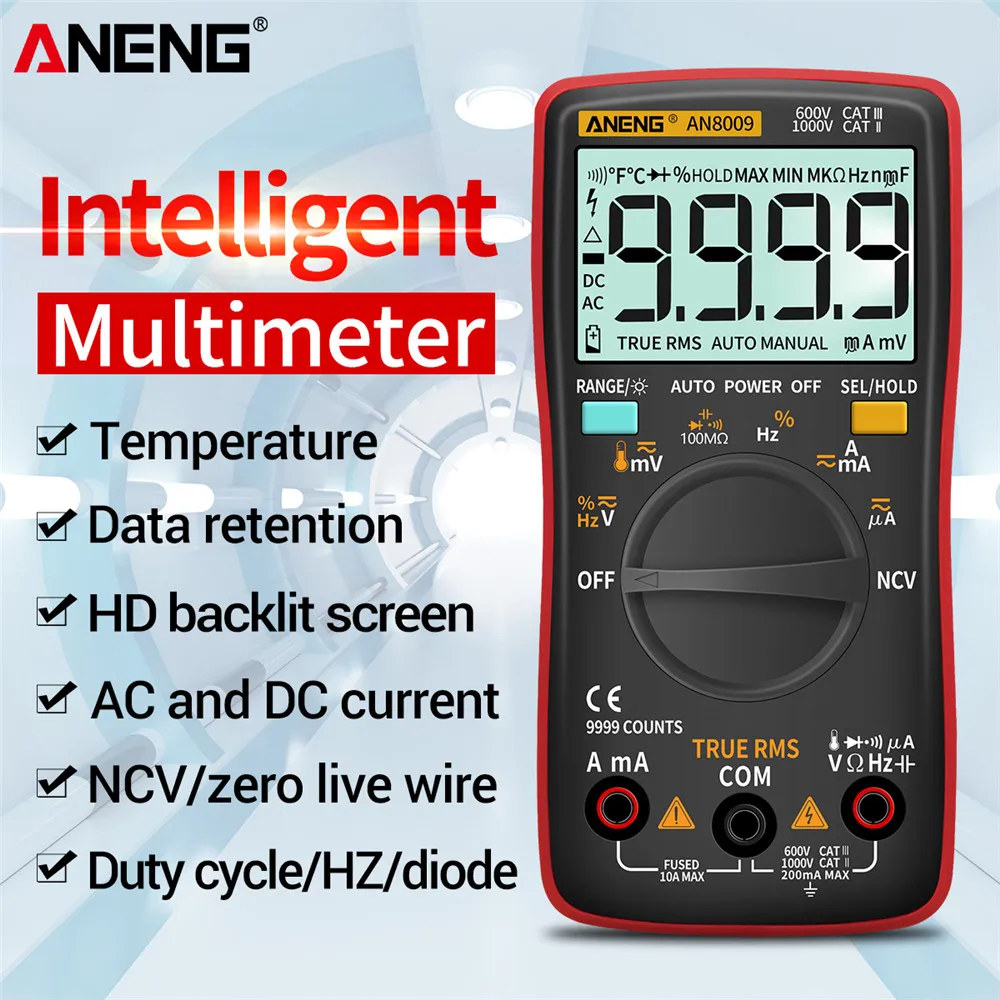 Aneng-digital Profissional ac dc Tensão Corrente Multímetro Transistor Ohm Auto Elétrica True Rms te 9999 Contagens An8008 An8009