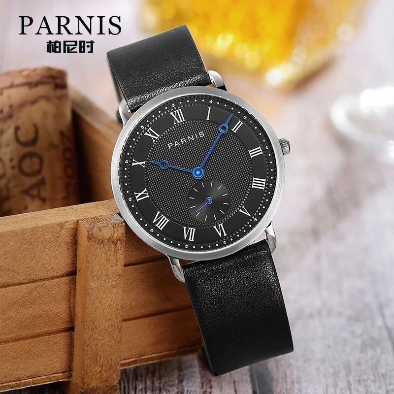 2025 Новые повседневные часы Parnis 40 мм с черным циферблатом, кварцевые мужские часы с синими стрелками, 20 мм, кожаный ремешок, часы для мужчин, reloj hombre, мужские часы, подарок