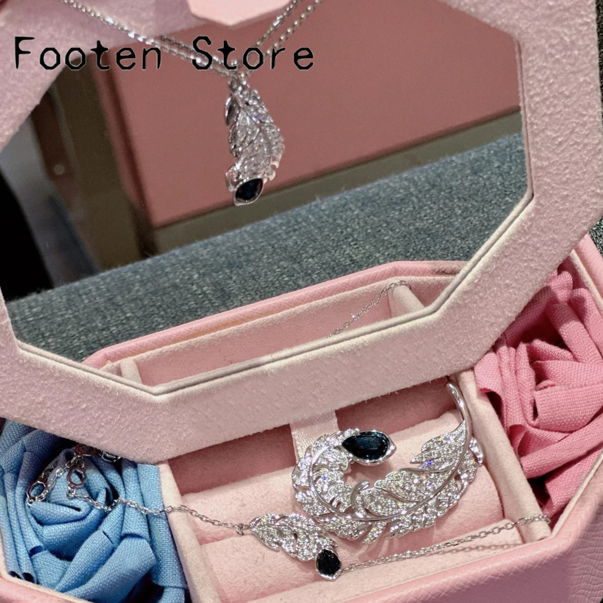 

Original 2025 New Trend Party Jewelry Sets Charming White Blue Feather Crystal Fashion Necklace Bracelet Brooch Gift for Women