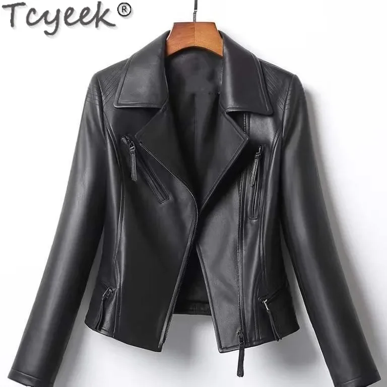 Tcyeek-Veste de moto en cuir véritable pour femme, manteau noir en peau de mouton, vêtements de printemps et d'automne, coupe couvertes