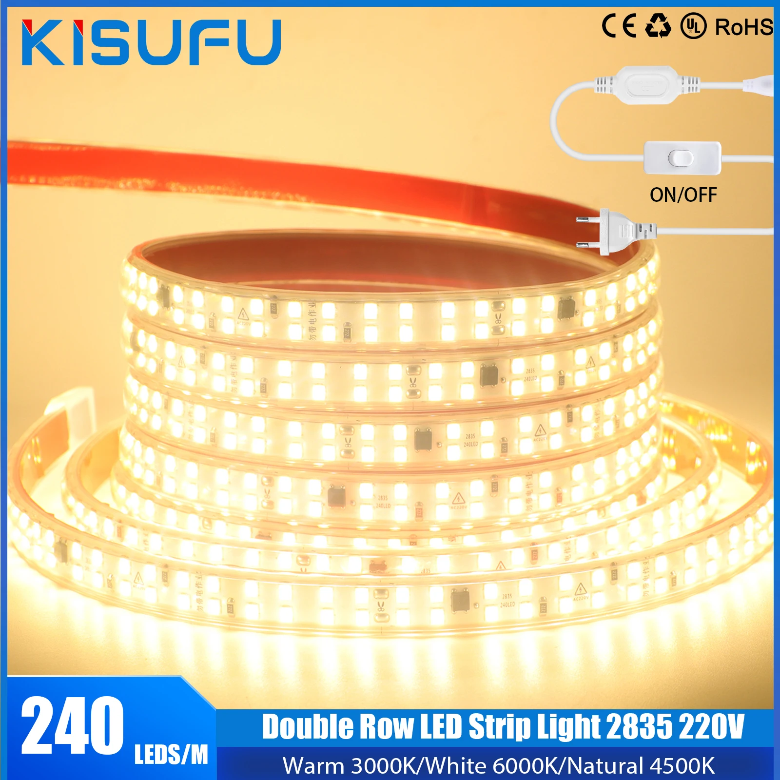 

Double Row LED Strip Light 2835 220V Waterproof with IC Chip Switch Plug 240LEDs/m Flexible Adhesive Tape Room Lighting 5-50M
