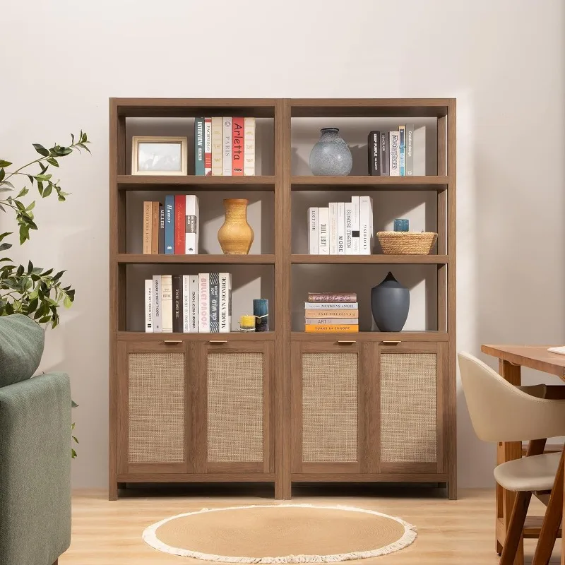 SICOTAS Bookshelf 5 Tier Rattan Boho Tall Bookcase with Doors Storage Wood Shelves Large Farmhouse Bookcases Library Book Case