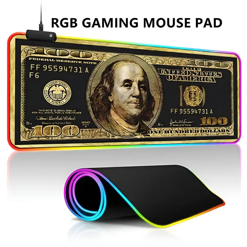 

Antique Black Gold Foil USD 100 RGB LED Light Gaming Mousepad Waterproof Large Gamer Mouse Carpet Big PC Desk Play Mat with Back