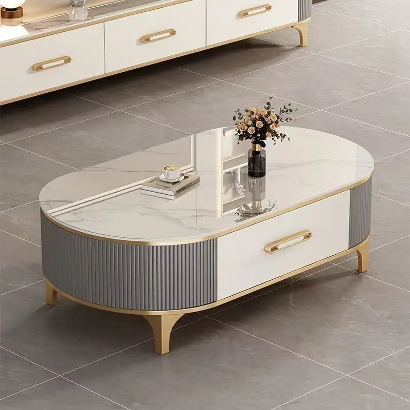 Light luxury coffee table living room rock slab home new small apartment  one-piece oval TV cabinet combination