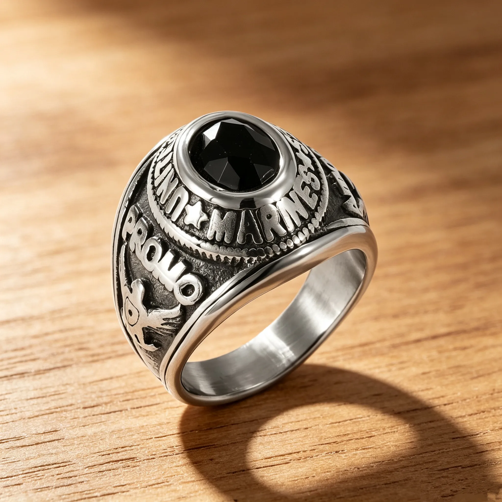 Vintage US Marines Style Men Titanium Steel Ring Inlaid Black Crystal Antiqued Stainless Steel Finger Ring Military Punk Male Je