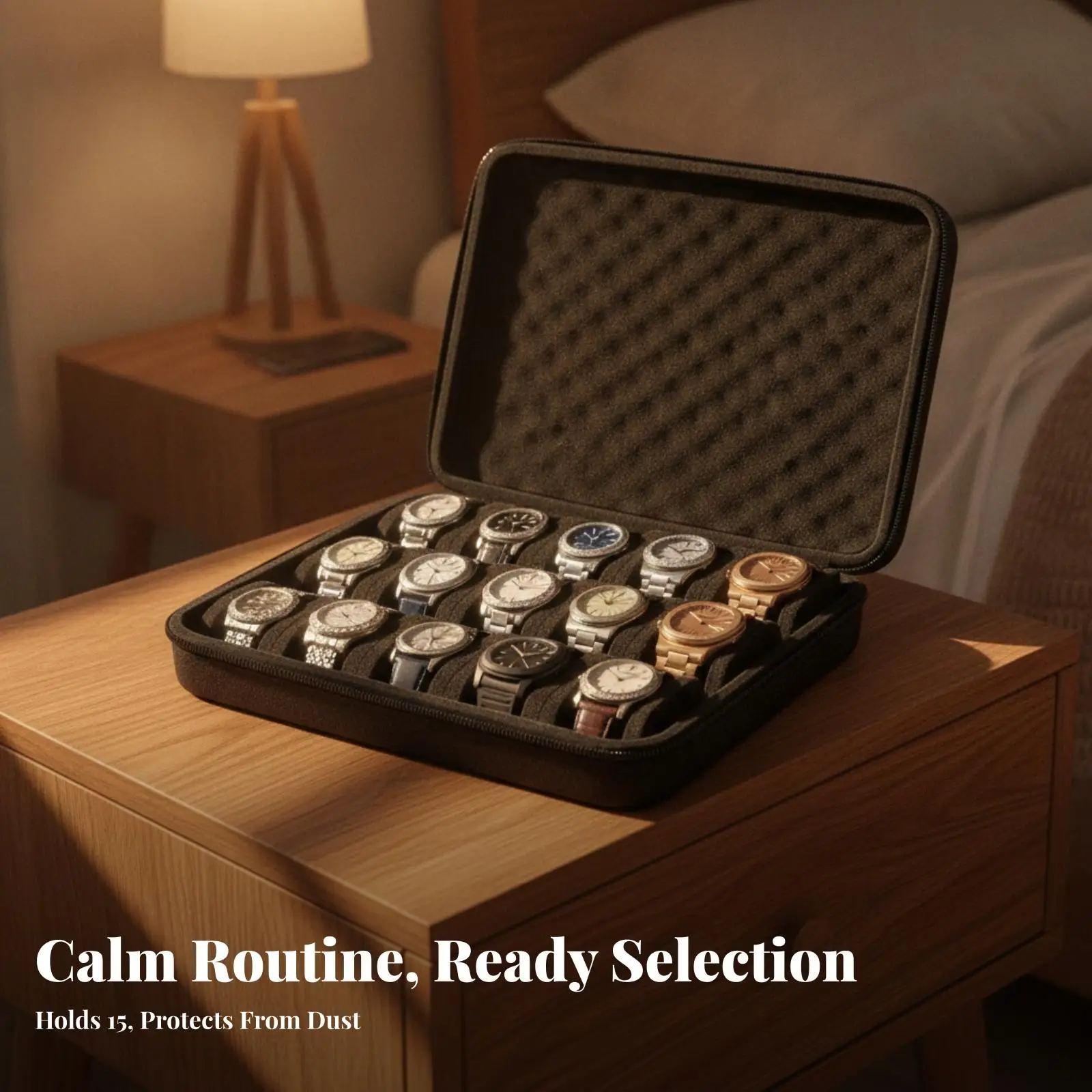 Travel Watch Storage Case for Daily Use Portable Organizer with Cushioned Slots and Quilted Lid for Secure Storage