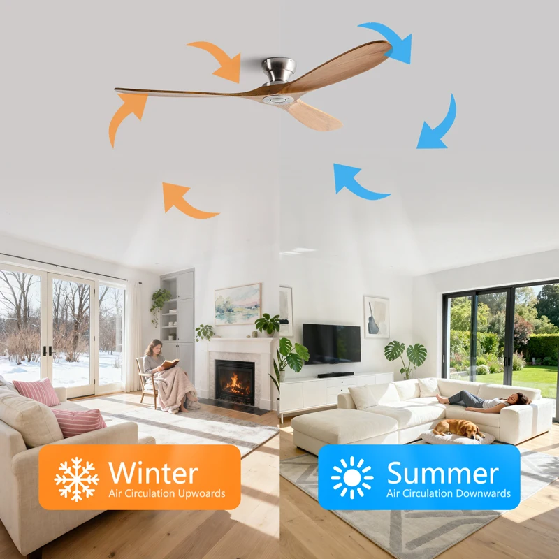 42/52/60 Inch Low Floor Ceiling Fan 3 Wooden Blade DC Motor Electric Fan with Remote Control for Living Room Dining Room Bedroom image 3