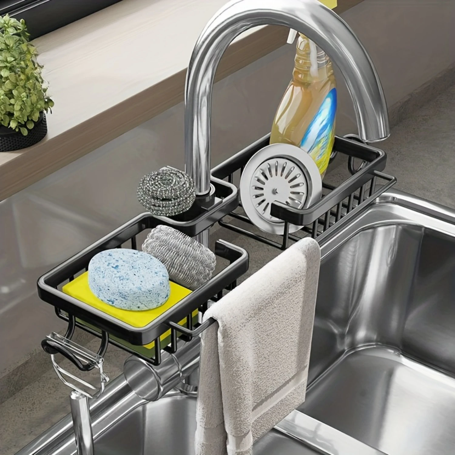 Space-Saving Stainless Steel Sink Caddy  Quick-Drain Organizer with Towel Rod for Sponges, Soaps & Kitchen Tools