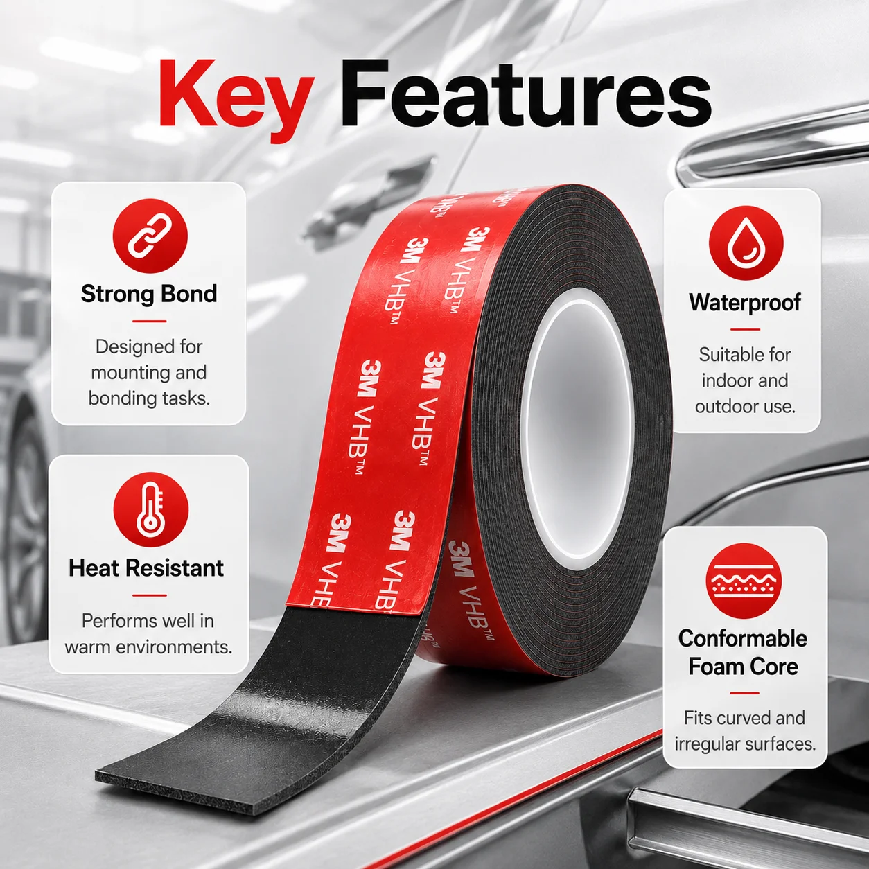 Original 3M 5952 VHB Double Sided Tape Strong Adhesive Foam Tape 1.1mm Thickness Waterproof Heat Resistant for Car Mounting