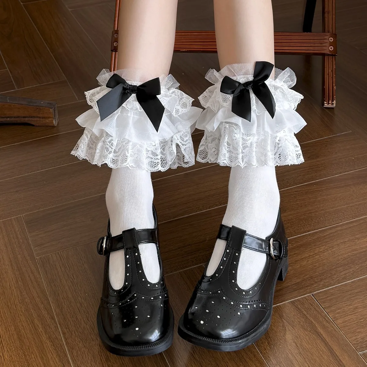 Lolita Sweet Girls Cute Bow Cotton Women Socks Multi-Layer Lace Ruffle Socks Women Japanese Kawaii Princess Medium Tube Socks