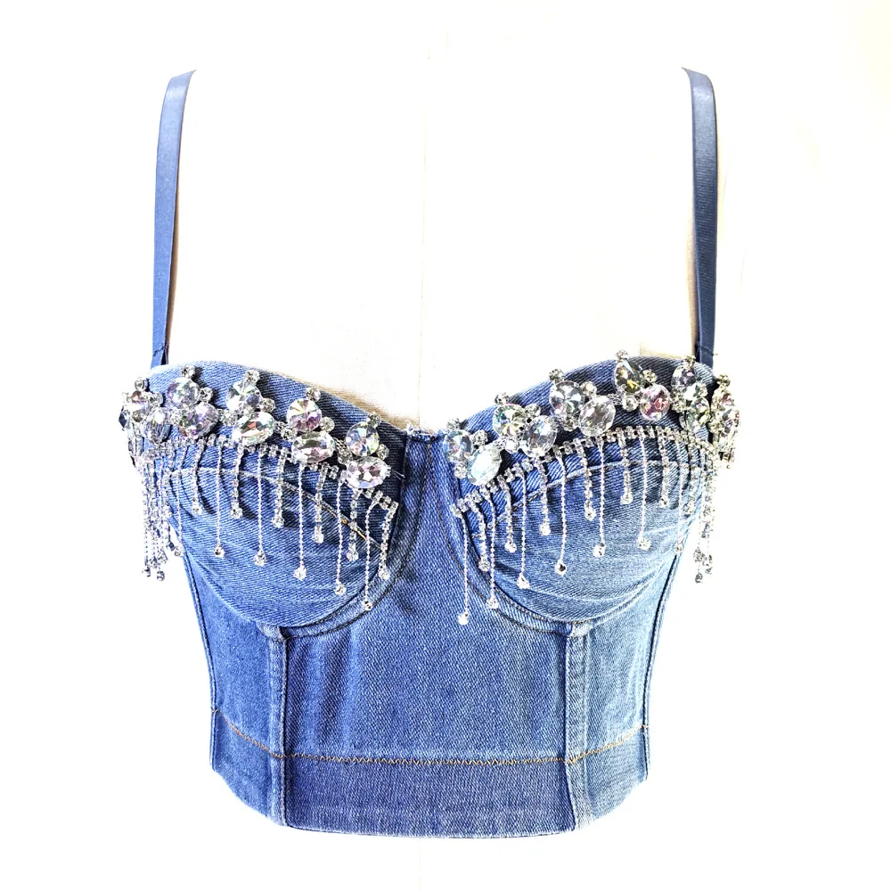 Denim Bra Women's Beauty Back Vest Sexy Hottie Fishbone Sling Vest Beaded Fringed Tube Top