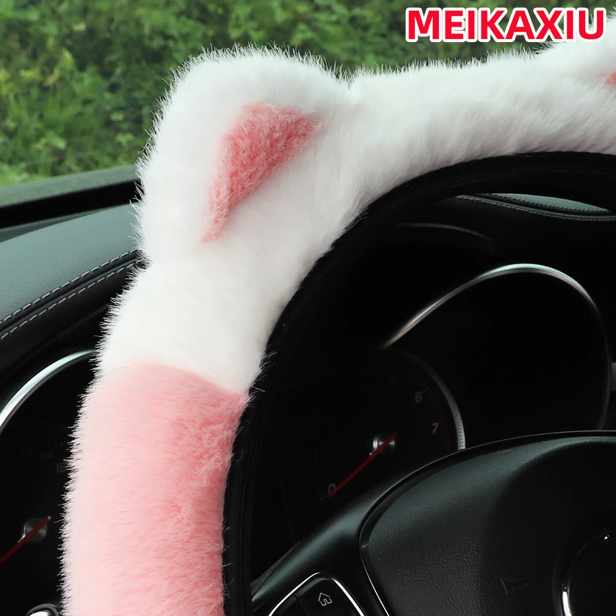 Winterlicher Kunstfell-Lenkradbezug aus Nerzimitat mit Plüsch-Katzenohren, ohne Innenring, passend für 14-15 Zoll Lenkräder, Auto-Innenausstattung – Detail 2