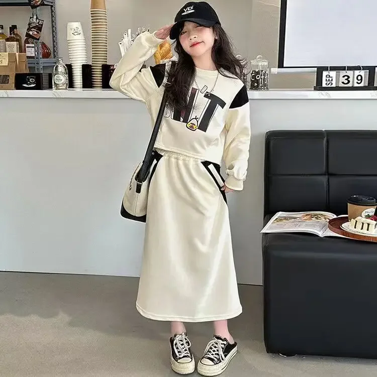 

2025 winter spring Clothes Kids Girls teenager Children letters tops sweatshirt hoodie + split Skirts 4 8 9 10 11 12 13 year