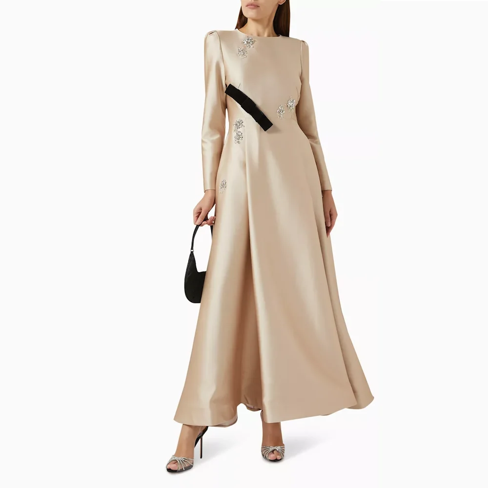 Muloong Khaki O Neck A Line Maxi Dress Crystal Ankle Length Classic Luxury Evening Dress Long Sleeves Prom Gown