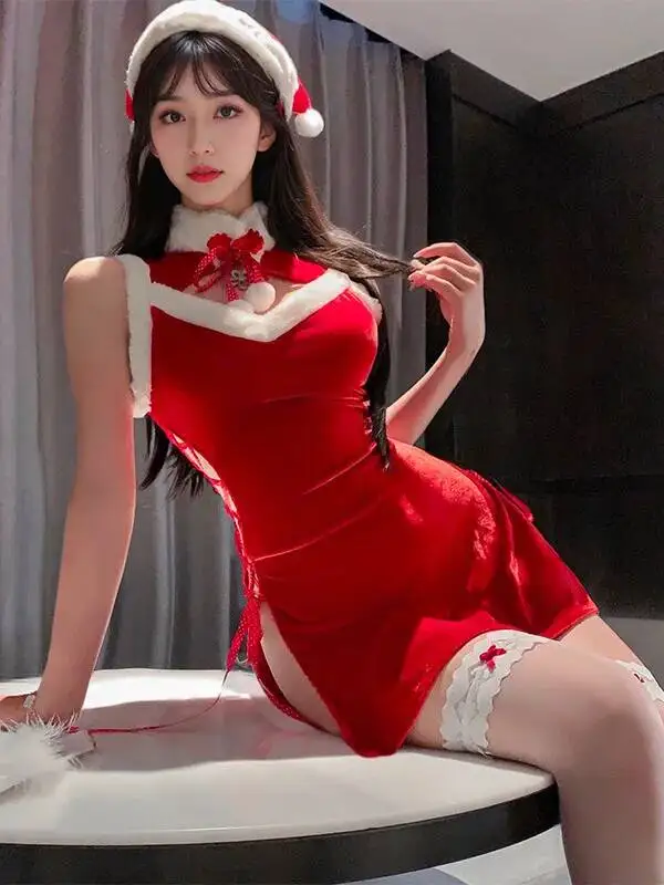 Nieuwe Sexy Nachthemd Voor Vrouwen Kerst Fluwelen Set Lace-up Kostuum vrouwen Capuchon Zijsplit Pure Desire Nachthemd High-end NEBB