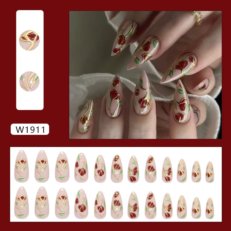 

24PCS In 2025 New Pattern Pure Handmade Retro Gilded Design New Chinese Style 3D Flowers Removable Charming Fake Nails