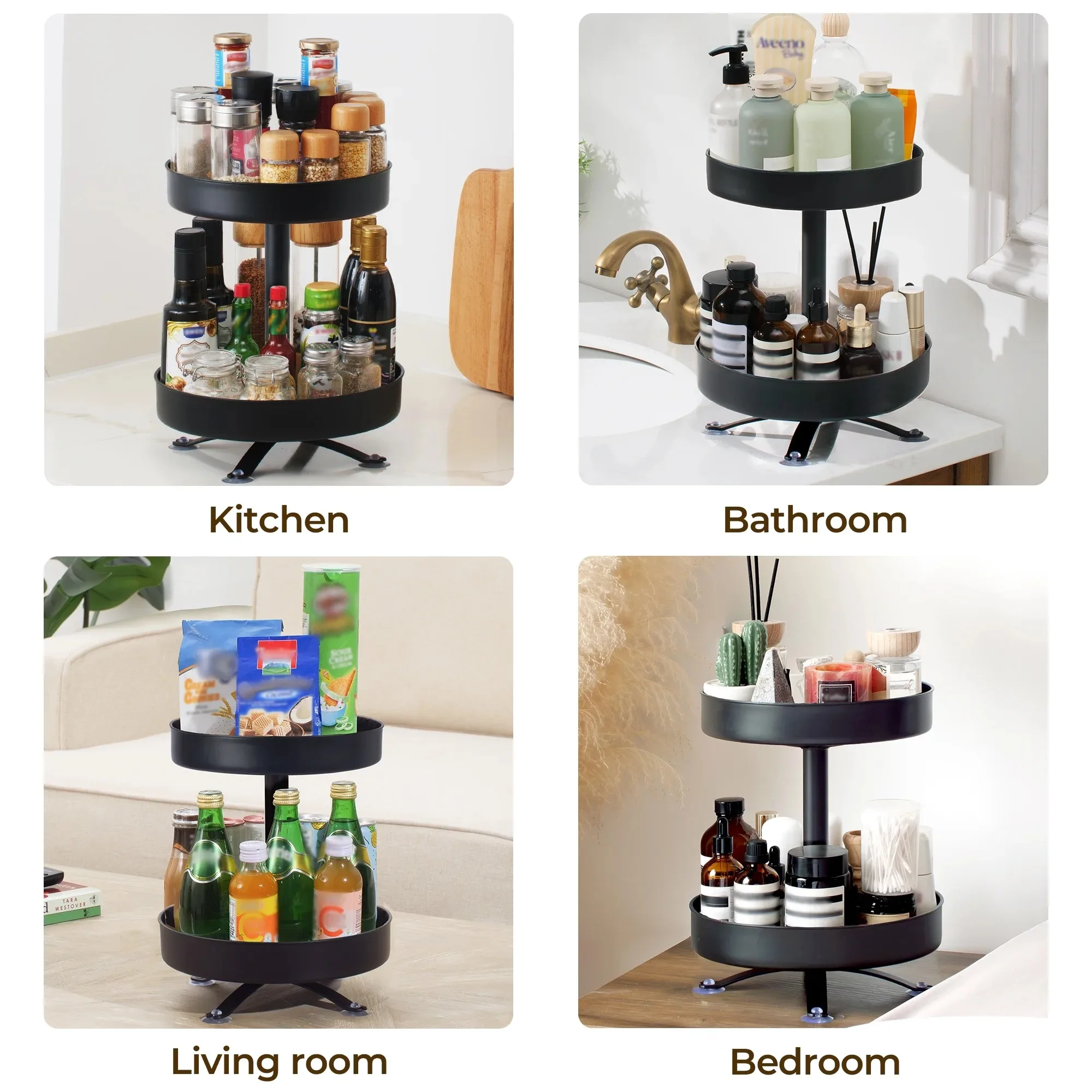 رف توابل دوار بطبقتين، منظم توابل دوار مقاس 10 بوصة، مساحة تخزين لطاولة المطبخ، أسود