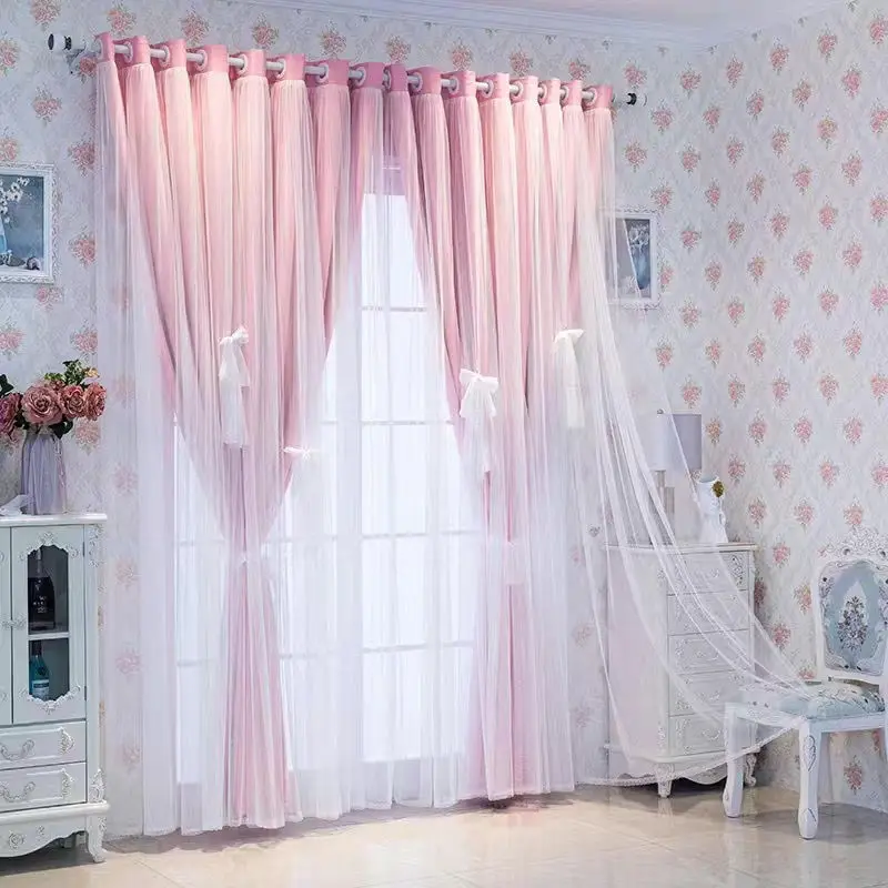 New Modern Simple Solid Color Double Layer Curtain for Living Room Princess Style Curtain for Girls Bedroom