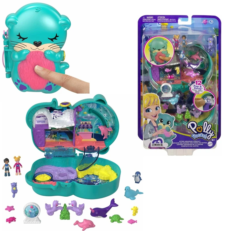 Polly Pocket Compact Playset Otter Aquarium with 2 Micro Dolls & Accessories Travel Toys with Surprise Reveals Holiday Gifts