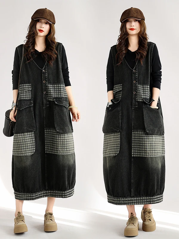 Retro Loose Women's Plaid Denim Overalls Skirt Vintage Style Splicing Design Autumn Collection Casual Wear Black White Checkered