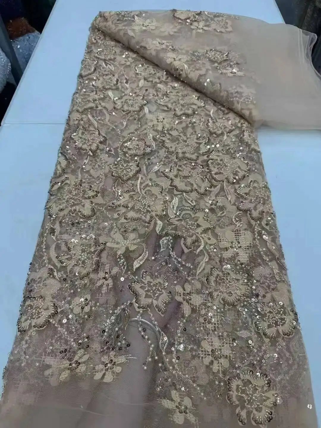 

Luxury African Beads Lace Fabric 2025 High Quality French Groom Embroidery Sequins Lace Fabrics For Christmas Sewing